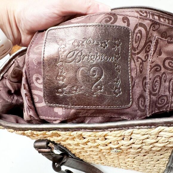 Brighton Natalie Basket Straw Woven Handbag Purse Tote Bronze Brown Leather Trim - Picture 7 of 13